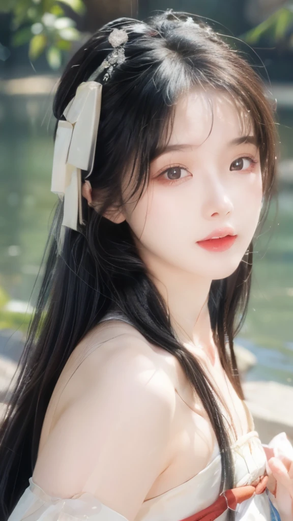 masterpiece, best quality, Official Art, 8k wallpaper, Very detailed, illustration, 1 girl, Long hair, Exquisite eyes, Bare shoulders, Hanfu, lake, pure, Gentle smile,Fair skin，Exquisite facial features，Especially the bright eyes。Her face shape is usually oval，Ancient Chinese beauties，Gorgeous makeup，Red Hanfu