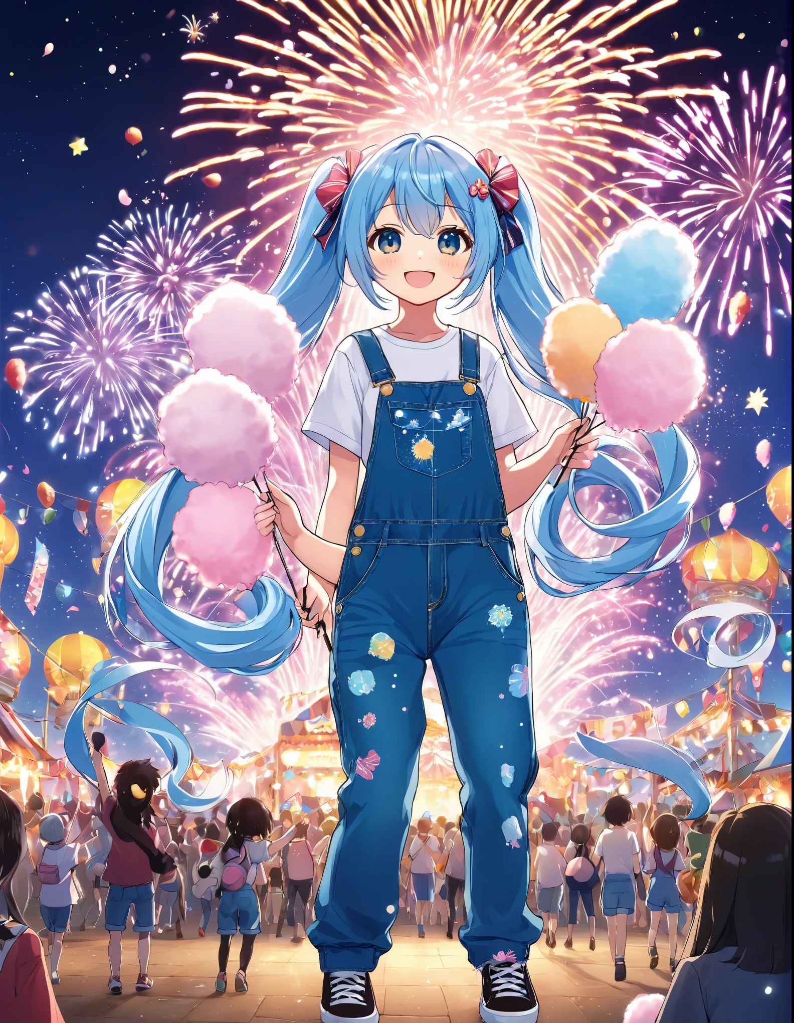 Fireworks in the night sky、Light blue long hair、Cute little character with twin tails、Holding a large cotton candy、Bright smile、festival、Festival scenery、T-shirt and denim jumpsuit、Best anime 4k splash art anime chibi characters、4k anime wallpaper, cotton candy, Anime Style 4k,