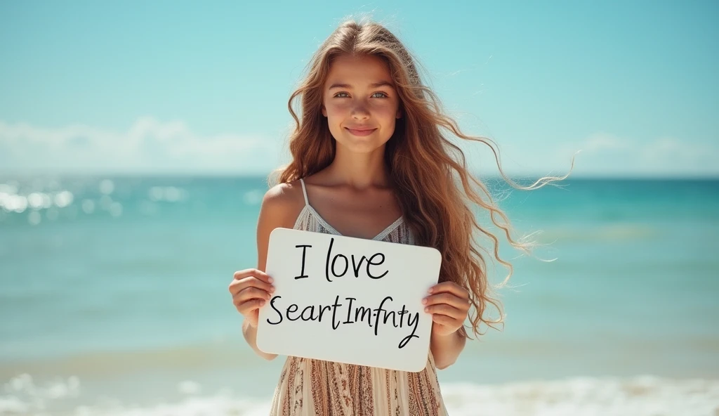 Beautiful girl with wavy long hair, bohemian dress, holding a white board with text "I Love Seaart Infinity" and showing it to the viewer