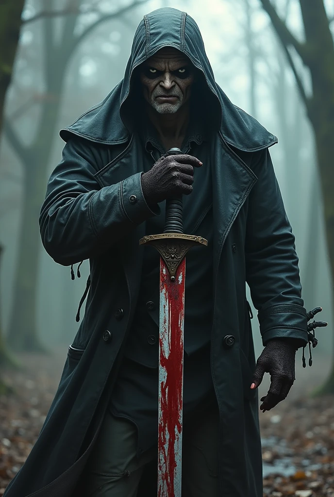 Strong short haired vampire man in a snowy forest holding a skull