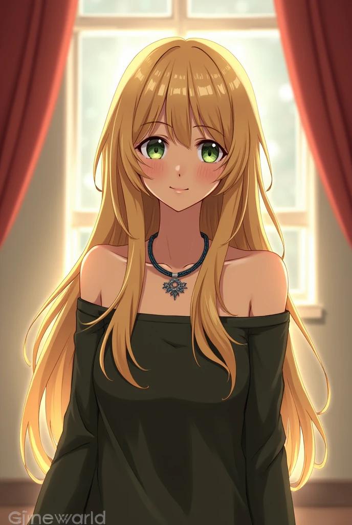1 girl, 20 years, Standing alone, Long hair, huge , Looking at the audience, hair blonde, hair blonde, Off-shoulder, Green Eyes, Jewelry, whole body, A necklace, Off-shoulder, sweater, Realist, Sexy, Big