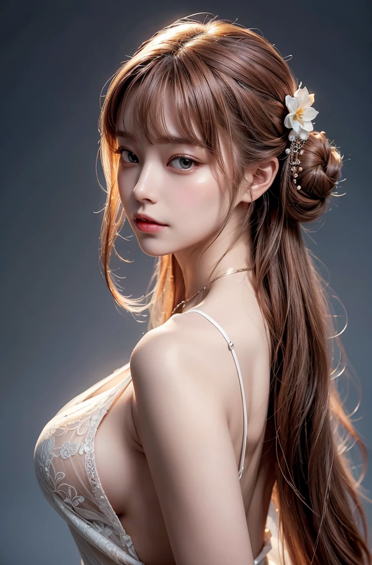 masterpiece, 1 beautiful girl, Delicate eyes, Purebred face_v1, Top quality, Ultra high resolution, (Reality: 1.4), Japanese, Korean, very beautiful, Beautiful skin, slim,Very sexy, (超Reality), (high resolution), (8K), (Very detailed), Delicate face, Bright Lights, Professional lighting, Looking at the audience, Face straight ahead, White bare back see-through antique style dress,big nipples, reddish brown hair, long hair, long hair與辮子, Bangs,Double bun,hair accessories。