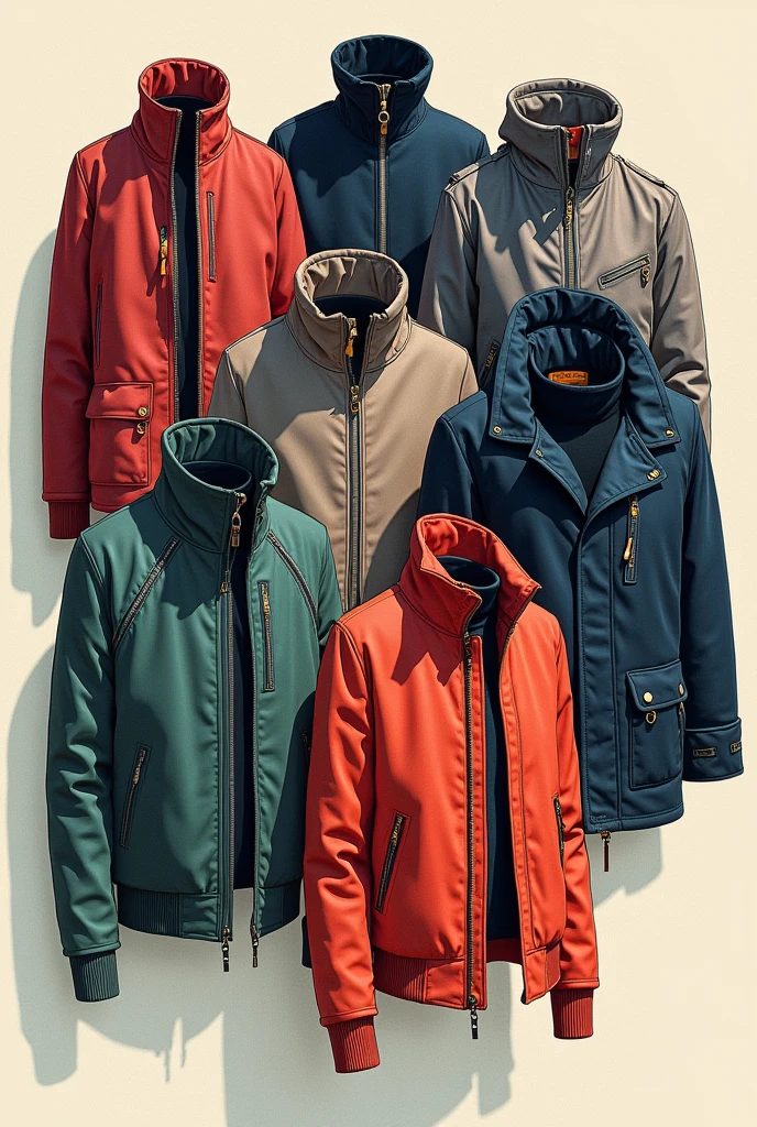 Drawing of several Jackets with various designs and shapes