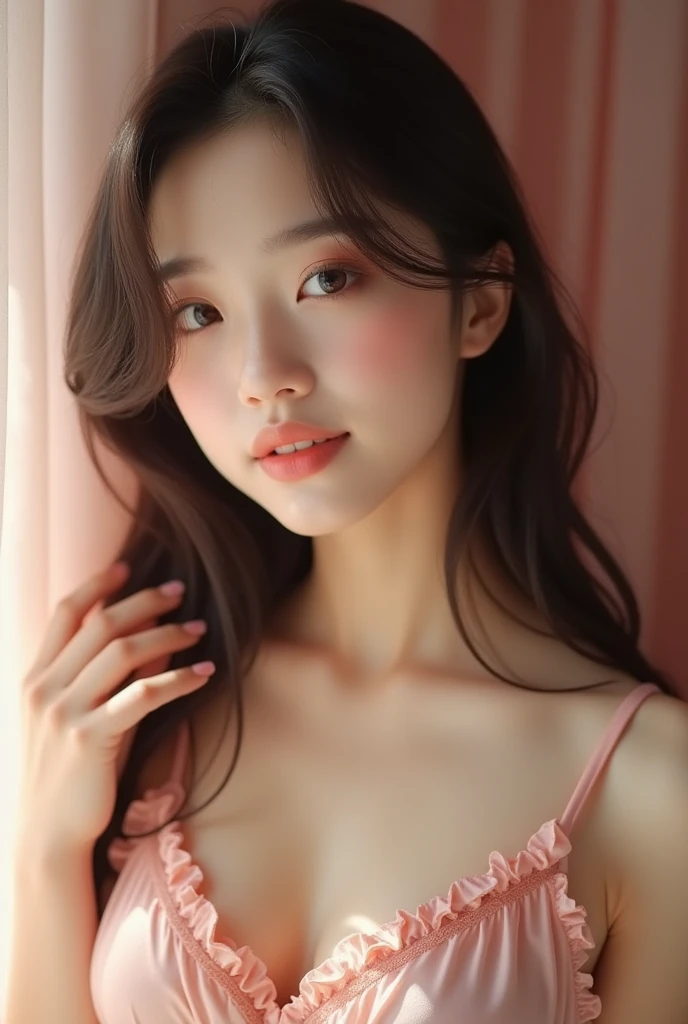 (masterpiece,best quality:1.4),(8k,raw photo,photo realistic:1.2),(shiny skin),detailed skin,detailed face,detailed eyes,Sparkling eyes:1.3,Symmetrical eyes,Detailed Background,detailed hand,1girl,natural make-up,((cute teen)),(cute Fancy room), natural breasts,young trendy hair,  ((Teen average breast)),(((Wacoal brand silk pyjamas,))),((shiny chest)),cleavage, (very beautiful cute), (beautiful asian),, girl cute-fine-face,,Cute smile, (super detailed Wacoal brand design,trend),,upper body,nsfw,sexy Instagram style,,face of the Golden Ratio