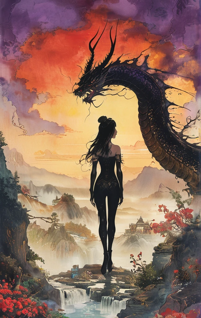 A white dragon lies in the middle of an endless field full of purple flowers, surrounded by snow-capped mountains and a blue sky sparkling with golden sunset rays. The whole scene is filled with a dreamy atmosphere, with vibrant colors and detailed background elements rendered in high resolution and detailed in a top quality illustration style. (Highest quality,4K,8K,High resolution,masterpiece:1.2),Super detailed,(Realistic,photoRealistic,photo-Realistic:1.37),Hot thick succubus mom with long black hair, deep black lips, She wears a revealing black leather outfit with BDSM themes.. Her outfit consists of a seductive bustier, accentuate her voluptuous figure. Her skin is a captivating shade of fiery red, Exudes a devilish charm. A pair of majestic demon wings gracefully grow from her back., Intricately detailed and intricately painted patterns. On her head, She has enchanted tiefling horns, Embodying her other-dimensional existence. The artwork should capture her captivating aura., Showing her confidence and strength. The lighting in the scene should accentuate the seductive curves of her body., Project dramatic shadows and highlights. The color palette should evoke a sense of darkness and desire., Rich black contrast, red, deep chestnut color.