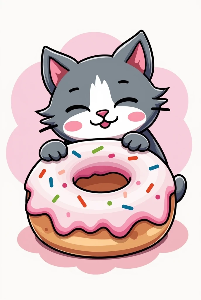 DONUT SHOP LOGO NAME WILL BE MEOWNUTS PUT WHITE PINK AND BLACK COLORS , A GREY AND WHITE CAT AND A DONUTS MAKE SOMETHING PROFESSIONAL AND CUTE