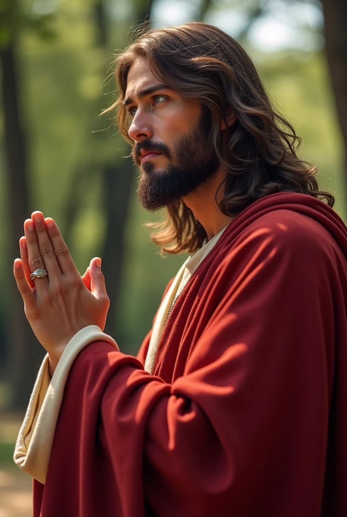 Perfect hand 5 finger, Portrait of a handsome Jesus wearing red clothes of king, Jesus Christ, real blue eyes, sunny day, intricate details.real jesus lord, straight head face, Straight body.Prayer jesus, perfect full body, perfect hands finger,Prayer jesus, praying jesus backgrounds natural photographic