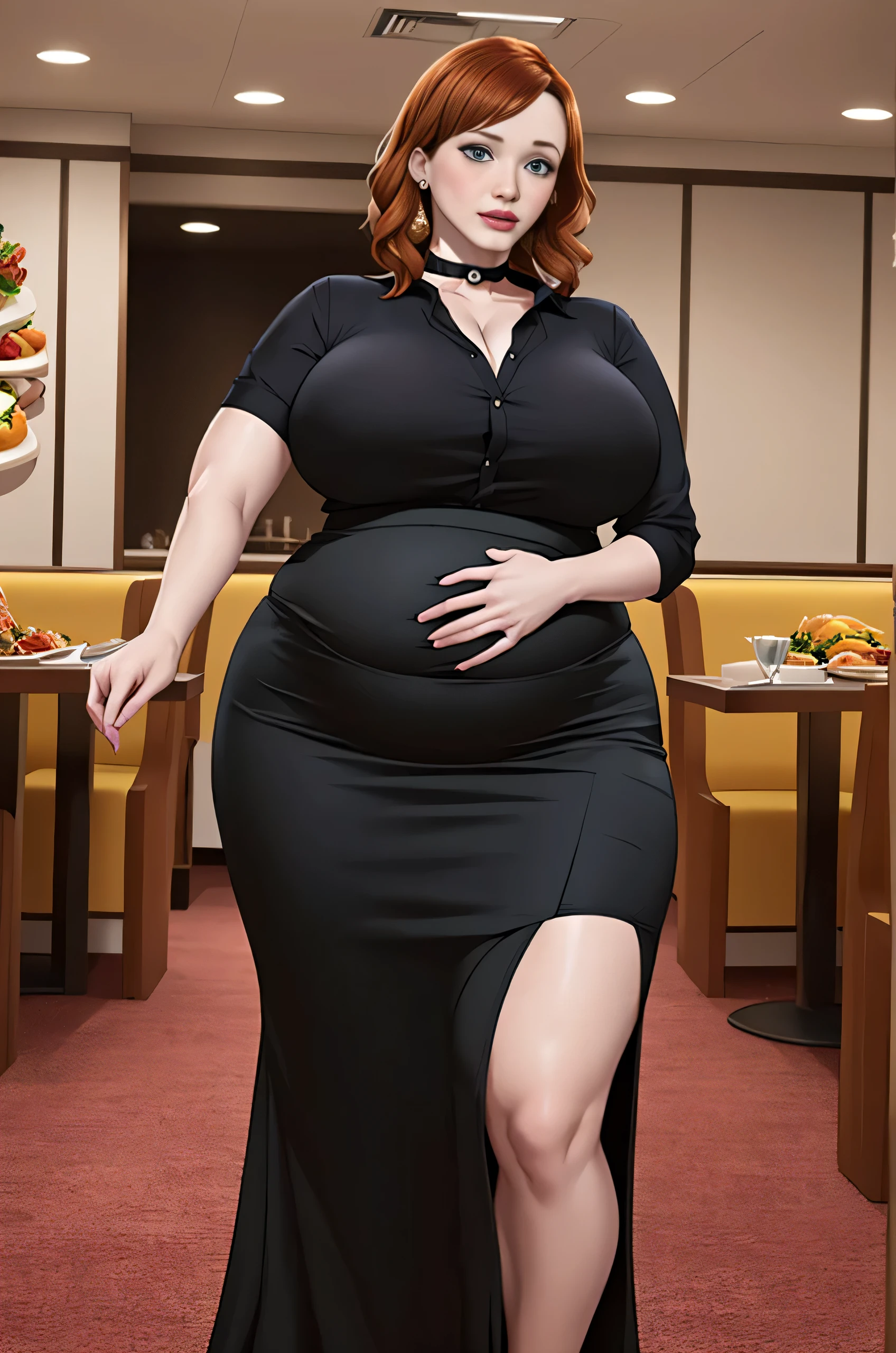 Christina Hendricks, (Christina Hendricks:1.5), masterpiece quality, (masterpiece quality:1.3), detailed, realistic, (realistic:1.3), 1girl, solo, (solo:1.9), alone, at a buffet restaurant, food in background, Thanksgiving day feast, food on shelves in background, food on table in background, wearing choker collar, wearing black blouse, (black blouse:1.5), wearing black dress, (black dress:1.5), long skirt, (long skirt:1.5), big breasts, (big breasts:1.2), chubby body, chubby belly, (chubby belly:1.2), 