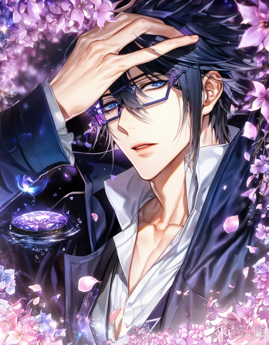 Ultra detailed, HDR, Highres, absurdres, master piece, Fushimi Saruhiko, messy black hair, expressive blue eyes, black rectangular glasses, gray waistcoat, long blue overcoat, white shirt, K Project, sexy man, handsome, purple flowers, petals, fantasy, magical, purple leaves, handsome, best quality, glittering, sensual, horny, water, purple shining fireflies, solo, purple flames,