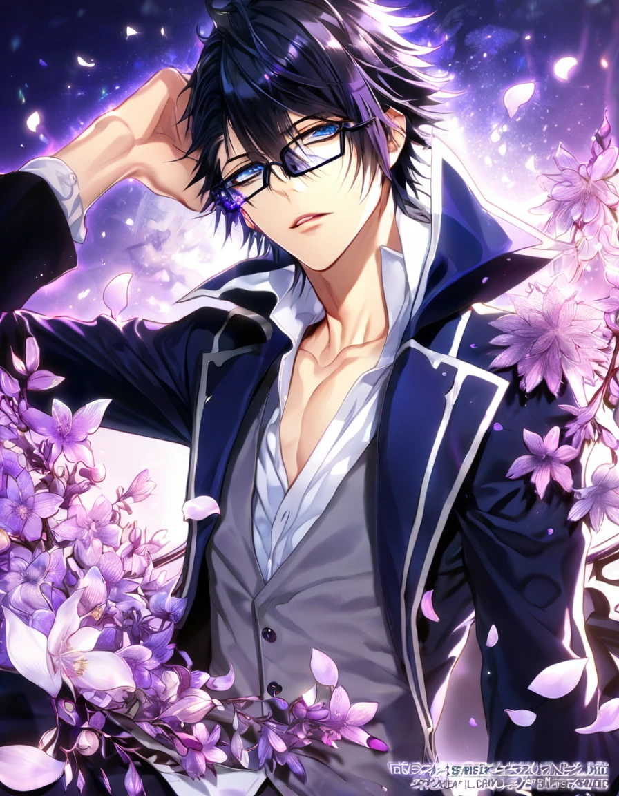 Ultra detailed, HDR, Highres, absurdres, master piece, Fushimi Saruhiko, messy black hair, expressive blue eyes, black rectangular glasses, gray waistcoat, long blue overcoat, white shirt, K Project, sexy man, handsome, purple flowers, petals, fantasy, magical, purple leaves, handsome, best quality, glittering, sensual, horny, water, purple shining fireflies, solo, purple flames,