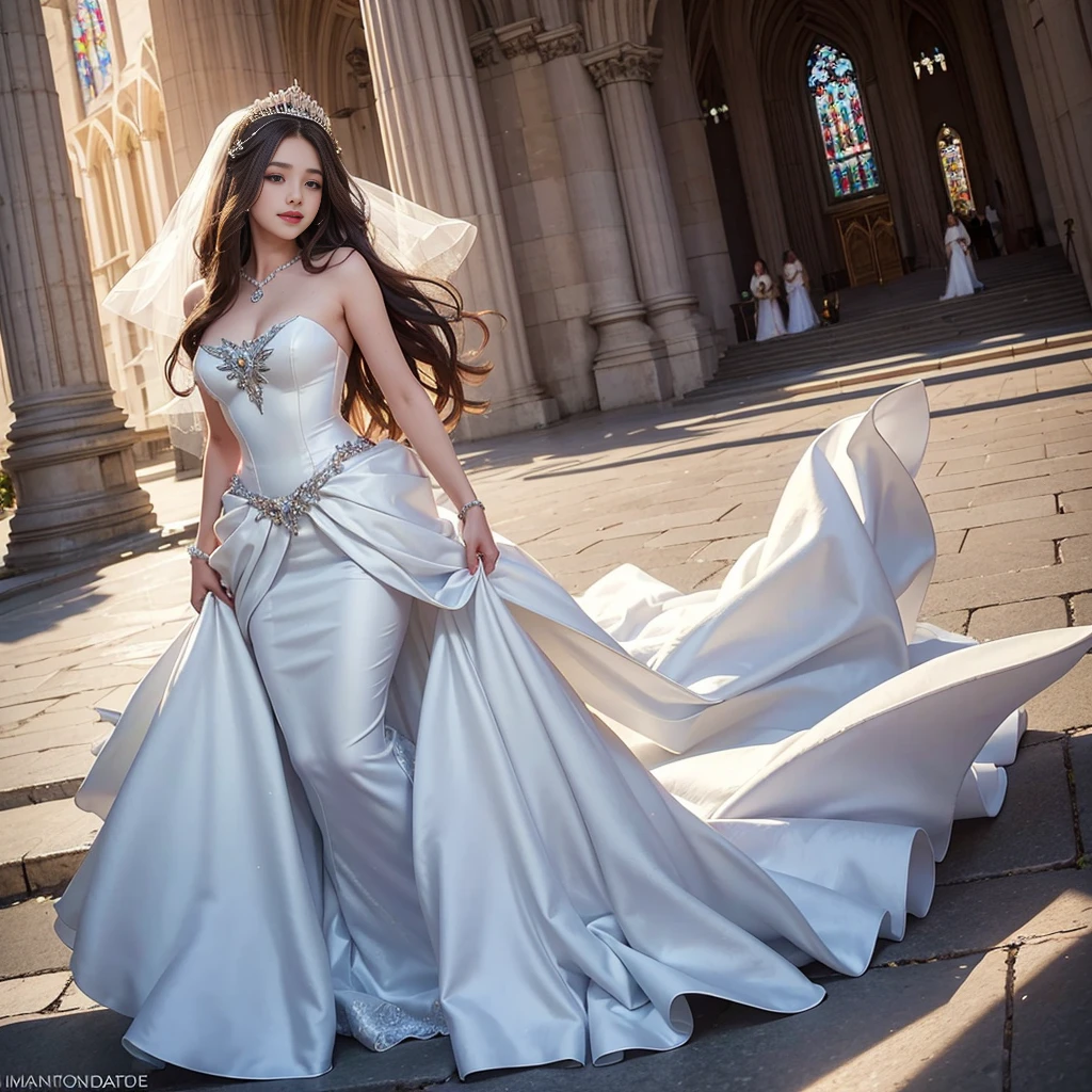 best quality, masterpiece, 1 girl, long hair, A huge laugh, cute , shiny lips, sweet, sun glare, Conservative attire, Mermaid Wedding Dress, Bridal Tiara, depth of field, blurred background, Cathedral Background, light particles, strong wind, head tilt
