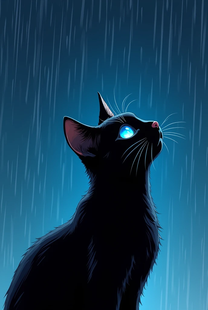 A black cat with blue eyes looking at the sky in the middle of the rain that is a 12-panel comic