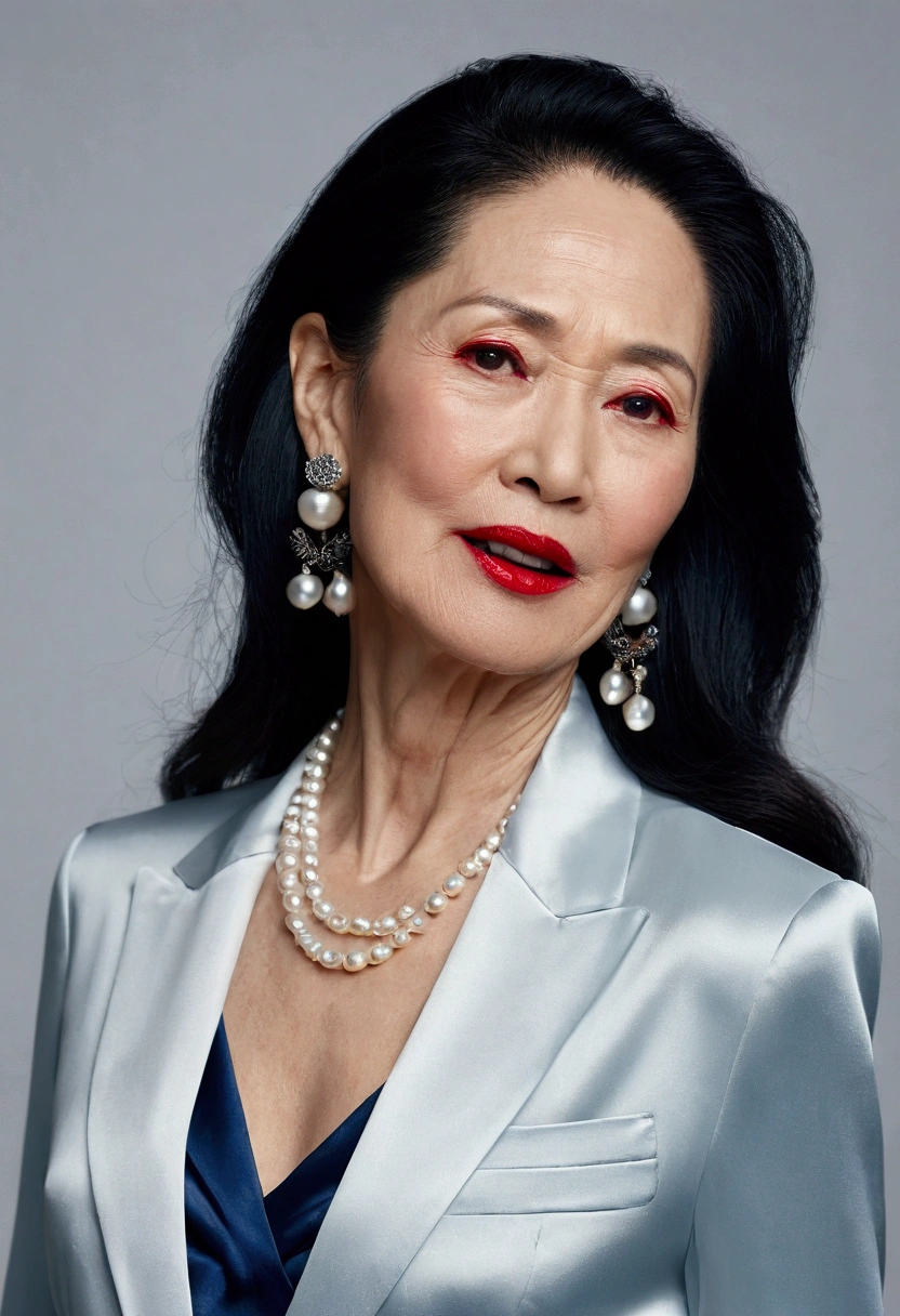 High resolution, photo quality, 4K, Japanese mature woman, blue high heels, beautiful legs, naked lower body, no panties, wearing only a blue satin ribbon blouse, 58 years old, long black hair, front, looking at the camera, wrinkles at the corners of the eyes, nasolabial folds, glamorous figure,