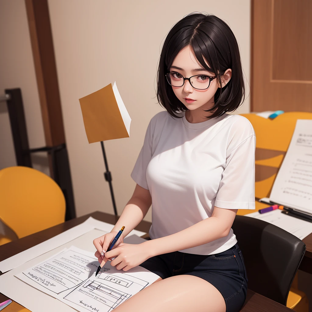 masterpiece,high quality,beautiful wallpaper,16k,photo shoot,1 girl,alone,ink stains,ink painting,((paper)),holding paper,((drawing girls on paper)),pencil, Short hair. 1 girl. Asian girl. Black eyes. Glasses. Her hair is long with yellow and black highlights，wear glasses，black and yellow color hair