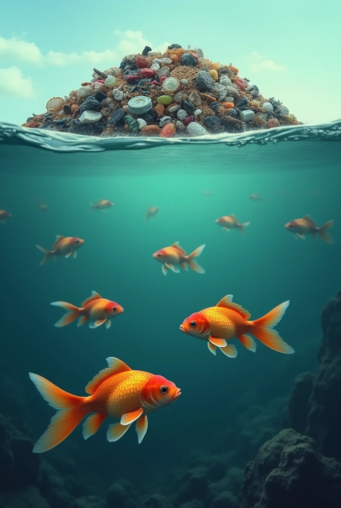 A group of goldfish in the sea watching a pile of garbage