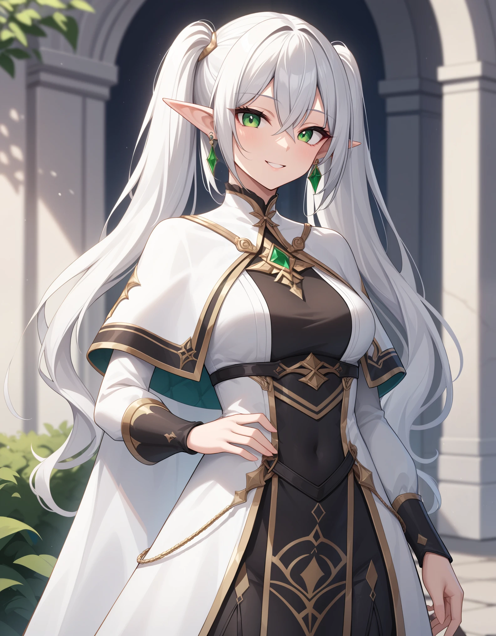 draw a drawing of a girl with silver hair and green eyes, wearing a white and gold dress from the middle ages, estilo de desenho de manhwa, sorriso