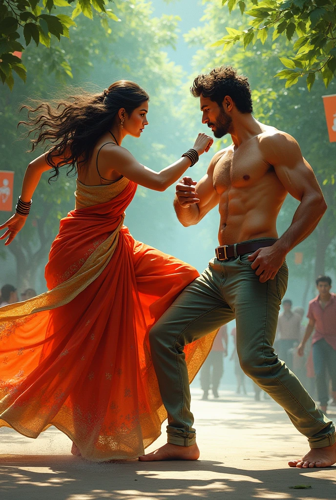 A woman wearing a sari kicks a man in the groin.