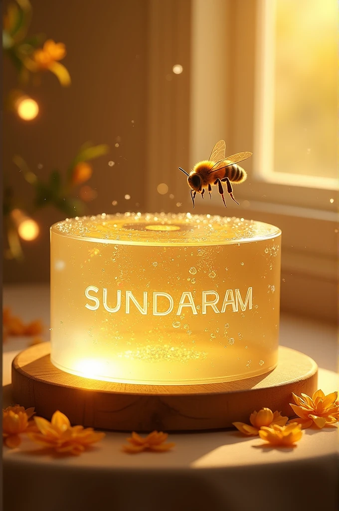 This is a transparent cake shaped, it is made of glass with “SUNDARAM” clearly written inside. And surrounded by some yellow lights, bee, light, yellow background and is placed on a wooden base, 16k ultra quality image

