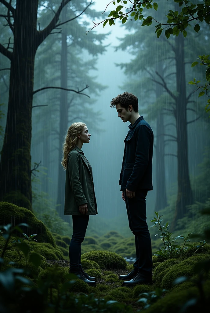 Edward Cullen and a young cute blond man in a storm, looking at each other in the middle of a forest in Forks