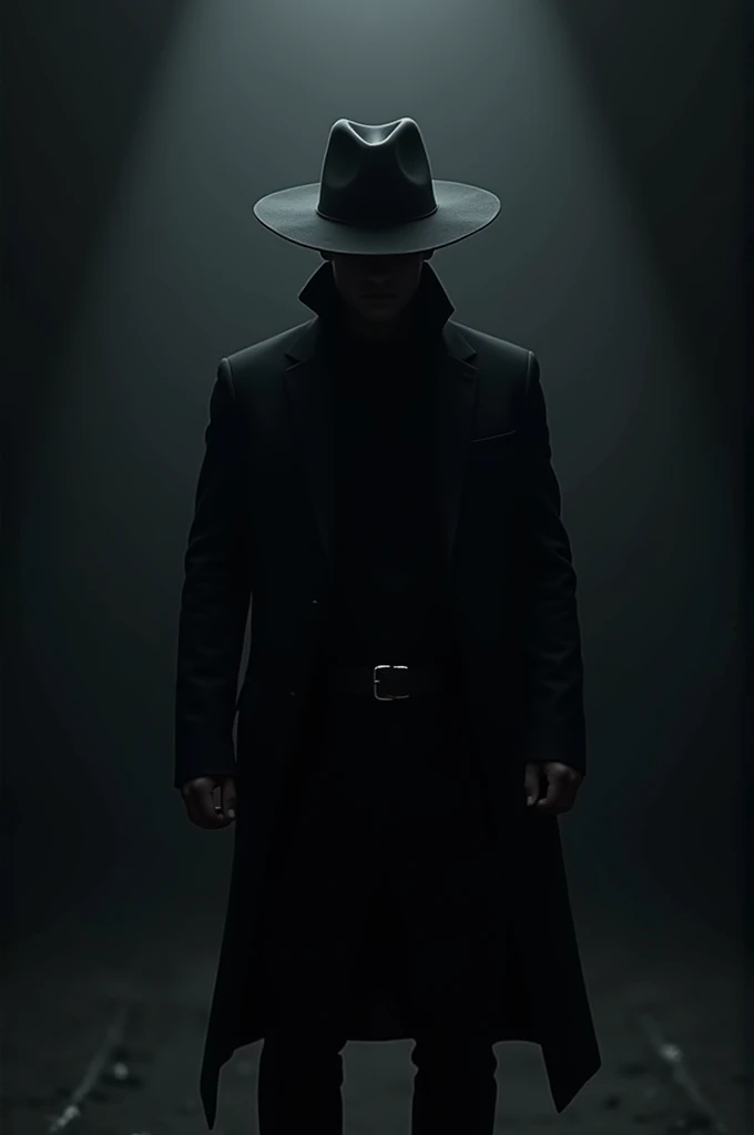 A small man dressed in black with a hat on a dark night