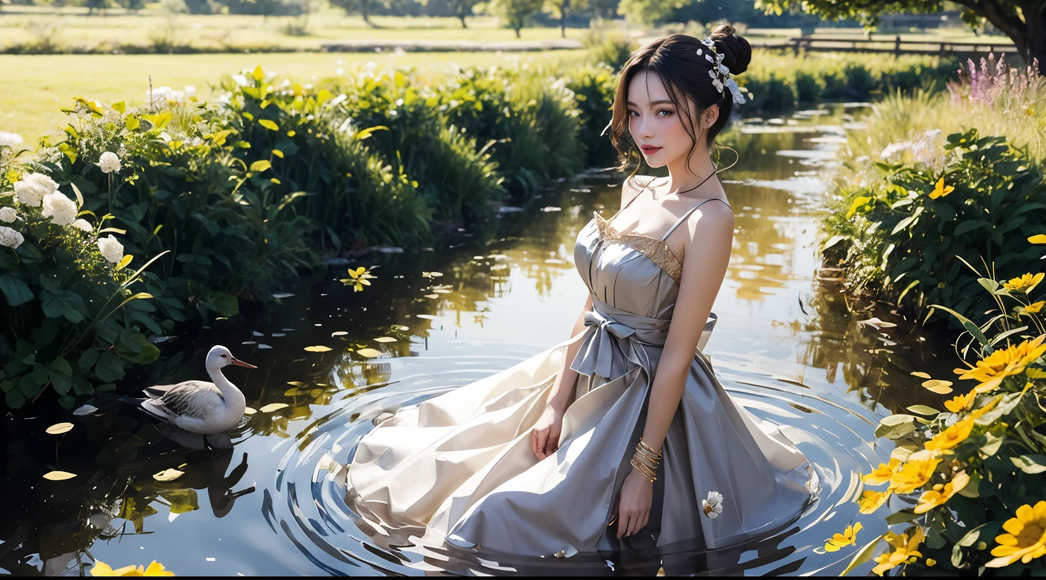 girl wearing camisole dress, BREAK, 1girl, surrounded by geese, standing in shallow river, detailed face, (looking at viewer:1.4), (gigantic breasts:1.2), golden hour lighting, warm sunlight, gentle ripples in water, soft reflections, natural setting, detailed textures, soft focus background, flowing dress, warm tones, high quality, gorgeous, see-through long ribbons tied on arms, inspired by cinderella, high bun hair with flower hairpin, wreaths, bracelets, metal chain tassels on the waist, (super realistic:1.2),