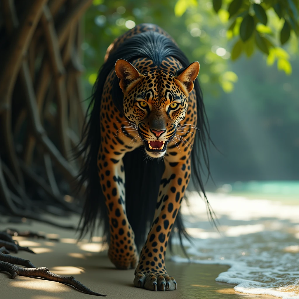A hybrid of a leopard and a beautiful woman、Leopard Ears, Beard meat, Longitudinally long pupils, long, straight black hair, Beautiful woman in a black dress baring her fangs, Crawling on all fours on the beach, Tropical background mangrove forest, Mythical creatures, Realistic, Very detailed, 8k, masterpiece, Dramatic lighting, Cinematic, elegant, Felidae, Powerful, Strong gaze, Perfect Skin, Exquisite detail, Dynamic pose, Atmospheric, Stunning colors, Chiaroscuro