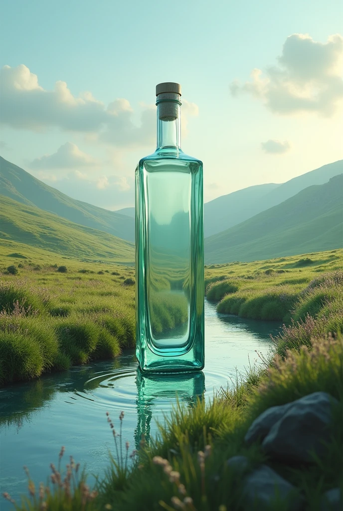 A moor with a river that flows into a transparent square bottle