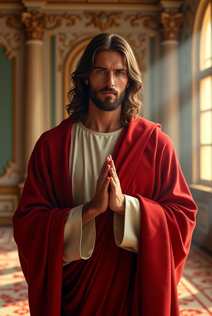 Perfect hand 5 finger, Portrait of a handsome Jesus wearing red clothes of king in the palace, Jesus Christ, real blue eyes, sunny day, intricate details.real jesus lord, straight head face, Straight body.Prayer jesus, perfect full body, perfect hands finger,Prayer jesus, praying jesus backgrounds natural photographic