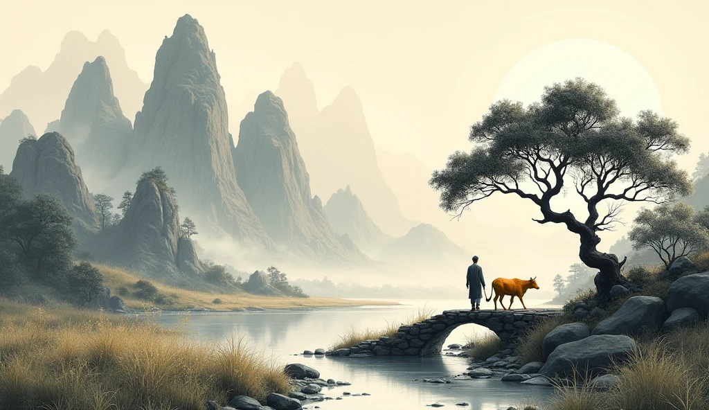 Chinese landscape painting,Ink画,Ink,Inky black,Soil,Vision,Ultra-wide viewing angle,meticulous,A man is leading a yellow cow,riverside,Small Stone Bridge,grassland,The tree,The scenery is mountains,(8k wallpaper),(Light and shadow effects),Octane Rendering,White balance design,高度detailed的图像描绘,Wide Angle,Depth of Field,masterpiece,Realistically,Beautifully depicted,detailed,Acura,masterpiece,masterpiece