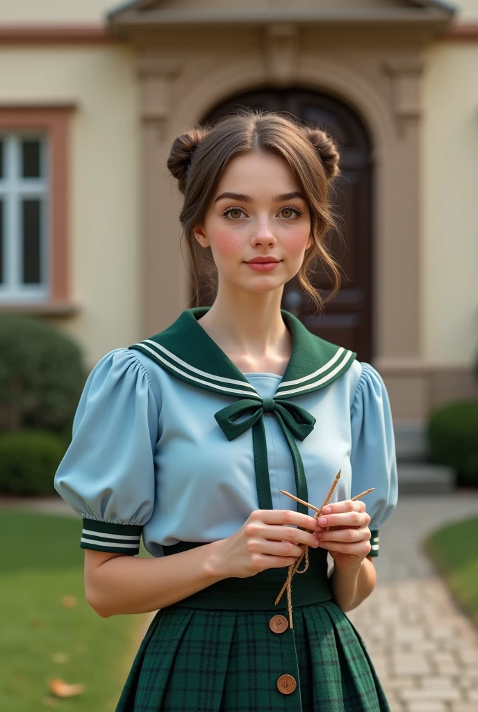 Czech girl with straight brown hair,Two side up knitting, Tank rail, E Cup,Slightly curvaceous, Hazel Eyes, freckled cheeks, She is wearing a sky blue sailor collar blouse and a green tartan check knee-length mini skirt., A very classical house with a height of about 170 cm.、&#39;Prague. 8k