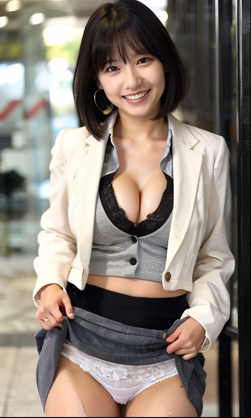 female secretary,Wearing a business jacket,(leaning forward:1.8),The skin is wet from sweat,,Cleavage,office,smile、skirtリフト、skirtを手で上げる,woman, 20-year-old, Black short hair、bangs、(skirt),(White lace panties)、Cute earrings