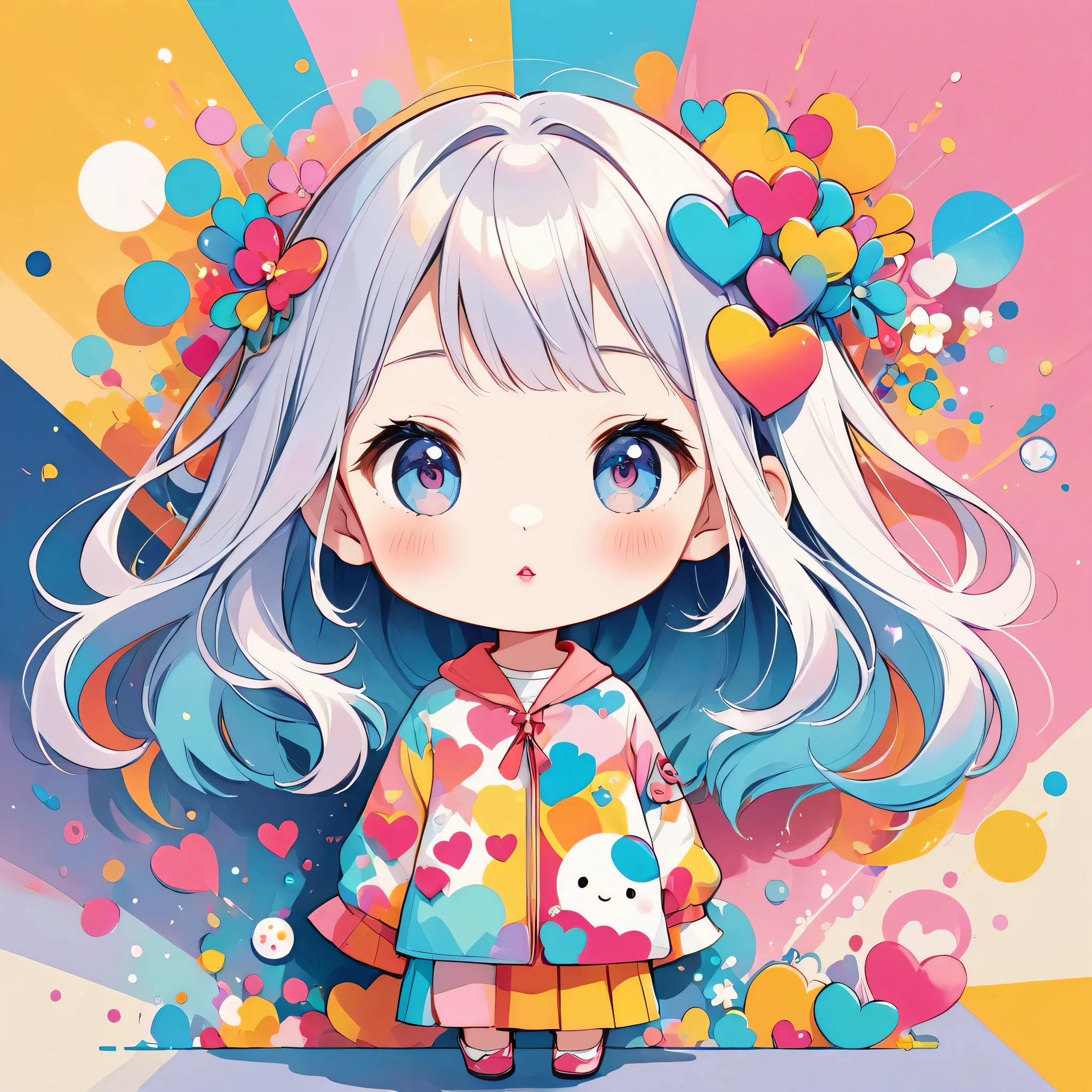 Hayao Miyazaki pastel color style, Simple Line Initialism,Abstract art,Urban Background, (((The most beautiful girl of all time))), chibi, Sweet face. Lips in love, colorful hearts, logo design