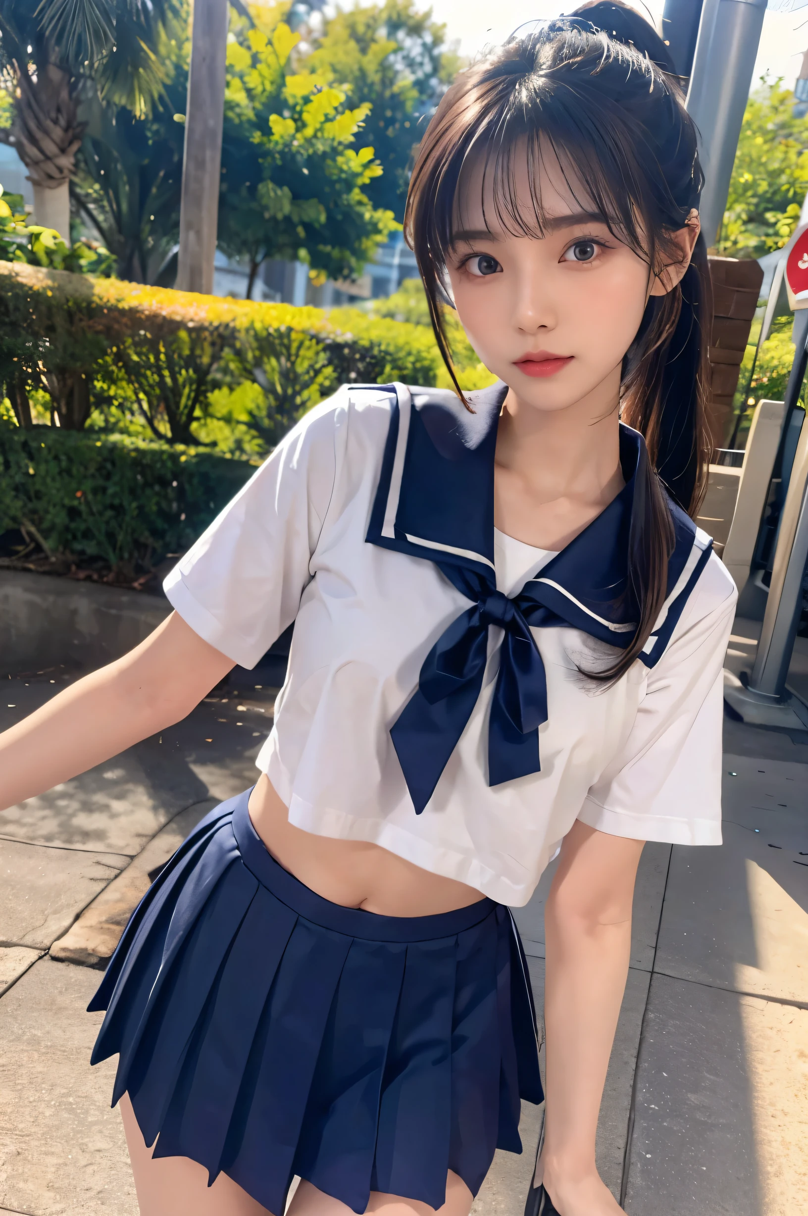 (Ultra HD), (Short-sleeved sailor uniform, Navy blue short skirt), Big Breasts, slender, Narrow waist, (The belly button is visible:0.8), (Panties are visible:0.2), whole body, Standing posture, (Clean and shiny skin, Whitening, No makeup), (Super slim face, Super beautiful face), (ponytail, Layered Cut, Fluffy hair), (double eyelid, Super slanted eyes), Small Nose, Thin lips, Thin legs, In front of the school gate