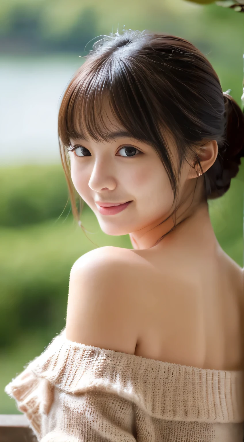 masterpiece,best quality,(Japanese girl),((Beautiful girl)),cleavage,(off shoulder:1.2),(perfect body beauty:1.2),(shy smile),