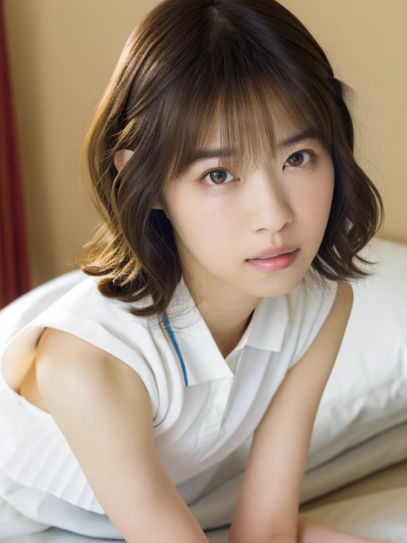 (Masterpiece, Best quality, 8K:1.3), (Ultra realistic, Photo-realistic:1.2), From above, From side, Full body, (nsfw:1.1), Lie on bed, (Seductive pose:1.3), Looking at viewer, Natural light, 28 years old actress, Japanese women, Neat and clean, (Wearing white tennis uniform, White short-sleeve polo shirt:1.2), (unbutton polo shirt:1.3), (White tennis pleated skirt:1.2), White sock, (Beautiful thighs:1.1), ponytail, (Short wavy hair:1.3), Light brown hair color, (Beautiful Face), Oval face, clear, Beautiful eyes, Kind eyes, Bedroom eyes, (Clear skin), Natural makeup, Small face, Small mouth, Beautiful mouth, Approachable, Hotel Suite room, On bed, Seductive, Shy, (scared:1.2),