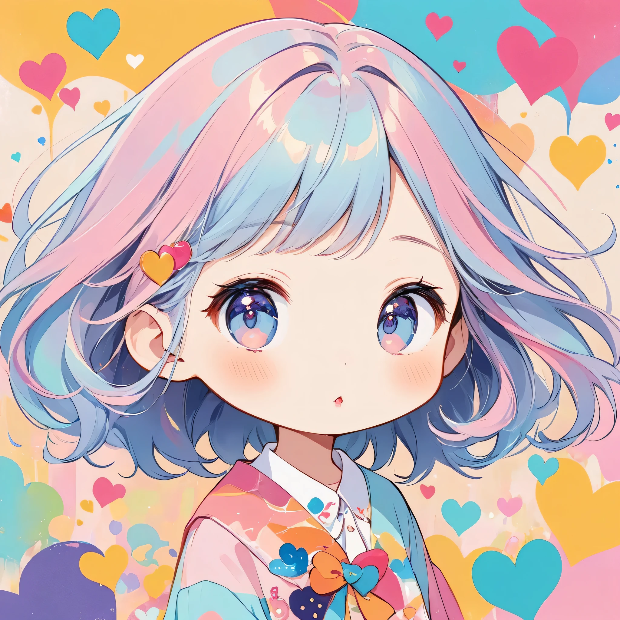 Hayao Miyazaki pastel color style, Simple Line Initialism，Abstract art，Urban Background, (((The most beautiful girl of all time))), chibi, Sweet face. Lips in love, colorful hearts, logo design