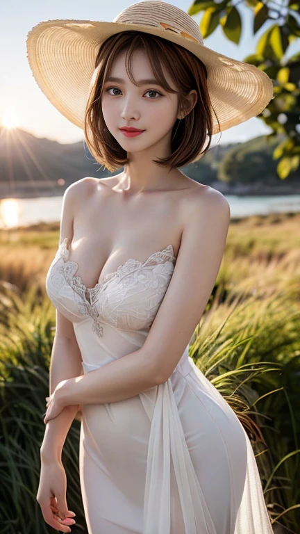 photography of a brightly sangmi nam who is korean actress,masterpiece,photorealistic,analog,realism,korean idol,slim leg, long_brown_hair,1 girl, very bright backlighting, solo, {beautiful and detailed eyes},large breasts, calm expression, natural and soft light,delicate facial features, Blunt bangs, beautiful Korean girl, eye smile,22yo, ((model pose)), Glamor body type,(half red and half brown short hair:1.3), flim grain, realhands, masterpiece, Best Quality, photorealistic, ultra-detailed, finely detailed, high resolution,brown messy hair, perfect dynamic composition, beautiful detailed eyes,(Korean girl:1.4),((nervous and embarrassed)),sharp-focus, beautymix, FilmGirl,(wearing a white dress and a sun hat:1.3),facing reality,(The girl must be gazes at me with a lonely smile, basking in the sunset in the grassy thicket:1.3),(cowboy shot:1.3)