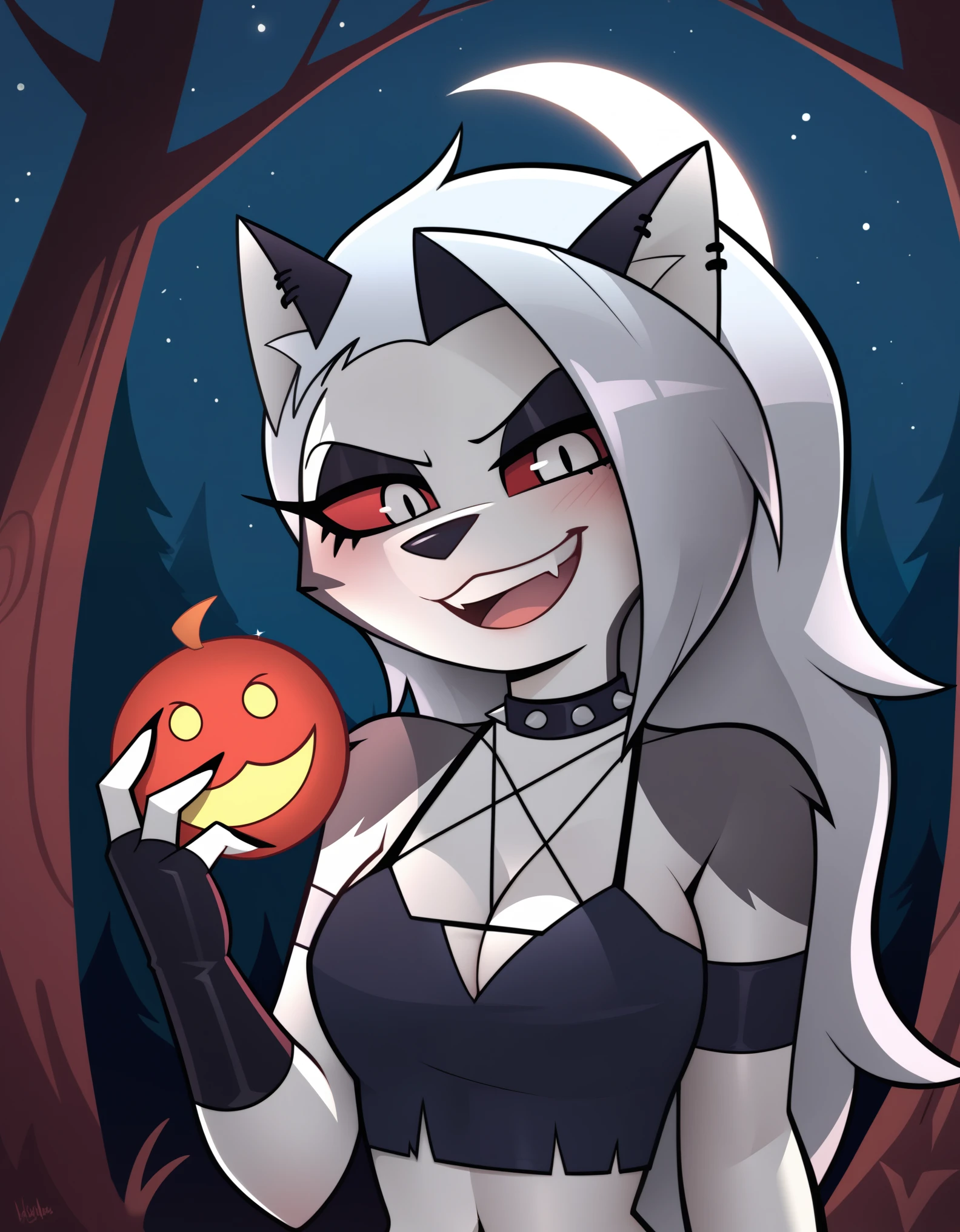 score_9_up, score_8_up, score_7_up,  rating_safe, furry, anthro, solo, loona(jizokumode), hellhound, red sclera, loona (helluva boss), tanktop, fingerless gloves, excited, blep, forest, night, stars, crescent moon, solo, forced smile, 4 fingers, inverted pentagram,