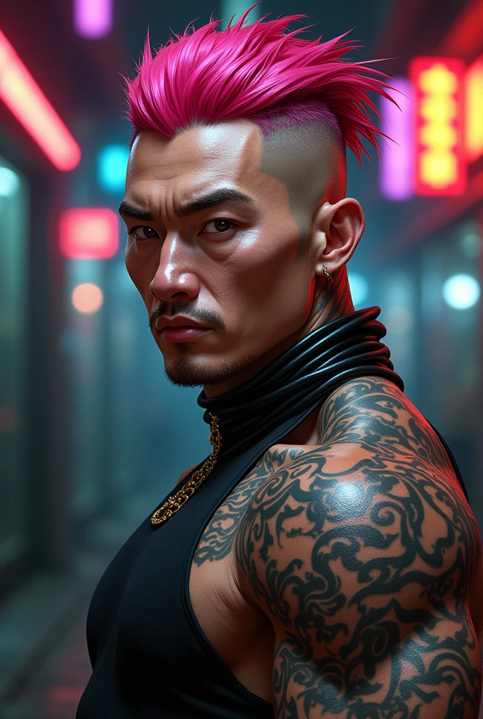 A Chinese man with a gangster With tattoos and pink hair