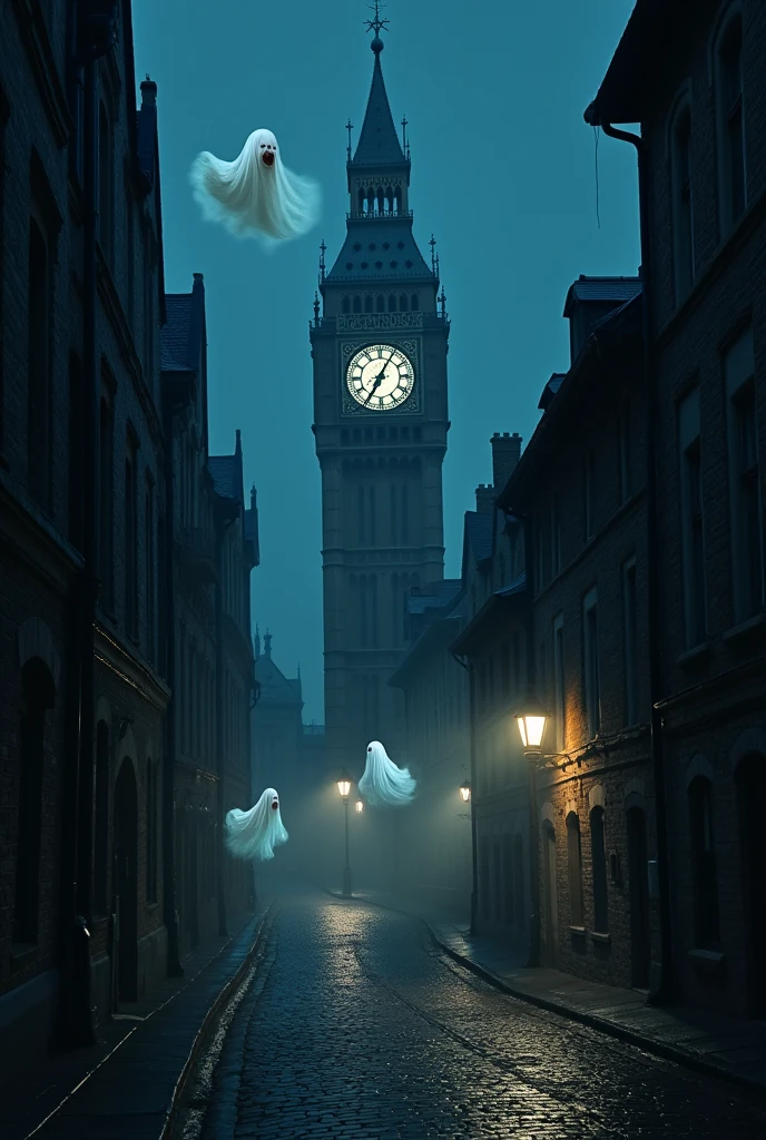 four ghosts flying between a large clock tower at the end of a dark street at midnight
