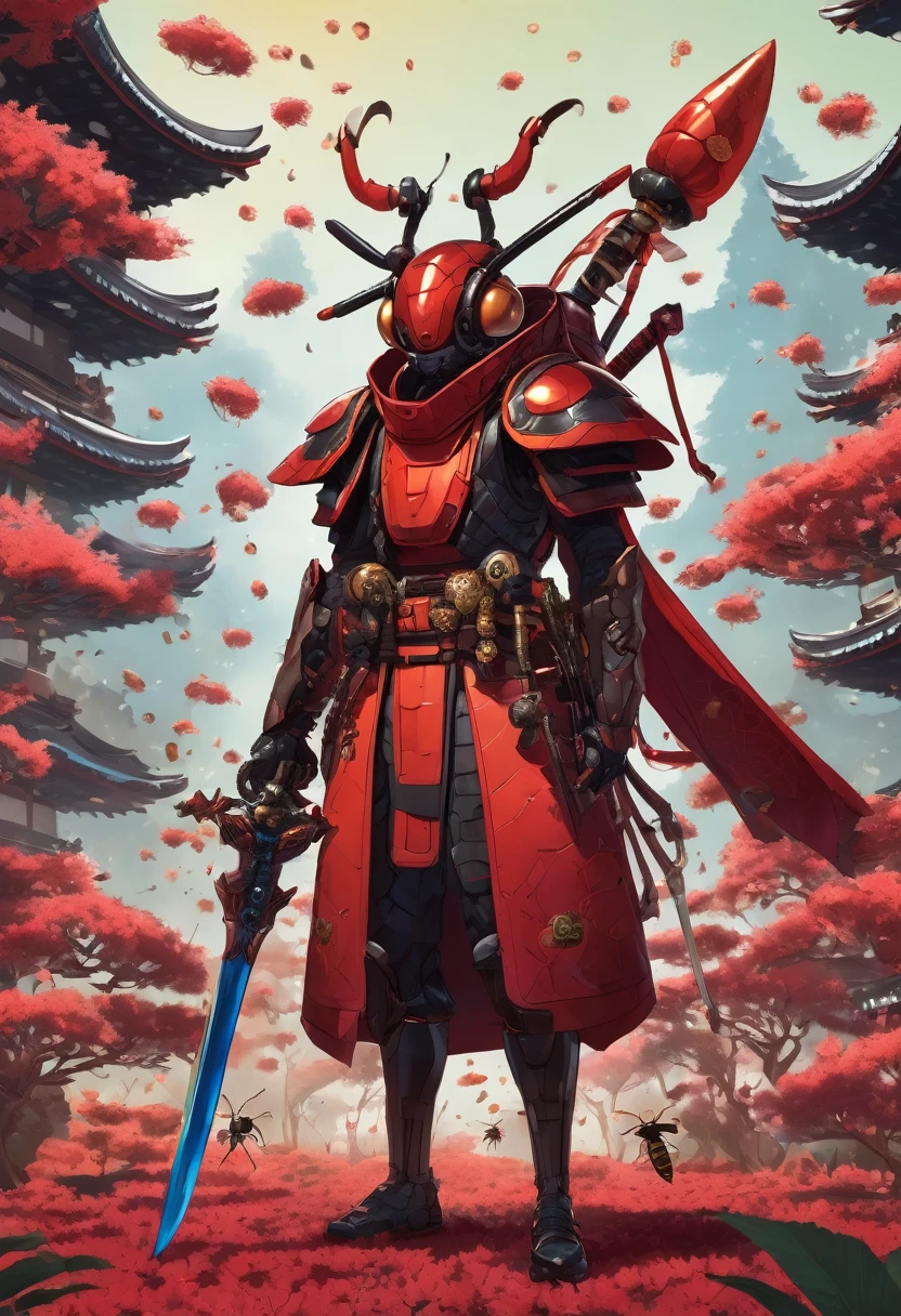 A character holding a large, sword-like weapon with a blade that resembles a beetle's horn. He is surrounded by smaller, insect-themed weapons, such as shurikens shaped like bees. The overall aesthetic is a mix of samurai and sci-fi, with a strong emphasis on the color red.