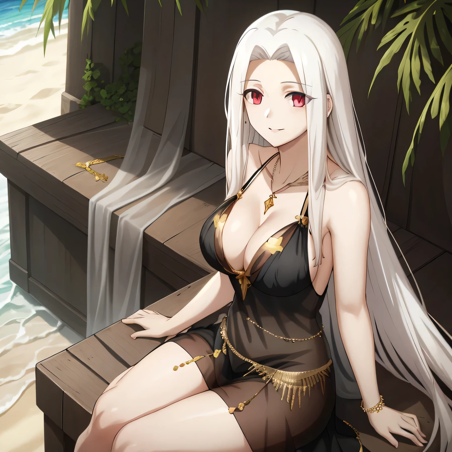 Irisviel, beautiful black with gold sheer dress sleeveless,solo,beautiful smile,arm at side,middle size of breast,beautiful necklace,,jewelry, sitting enjoyed in beautiful beach