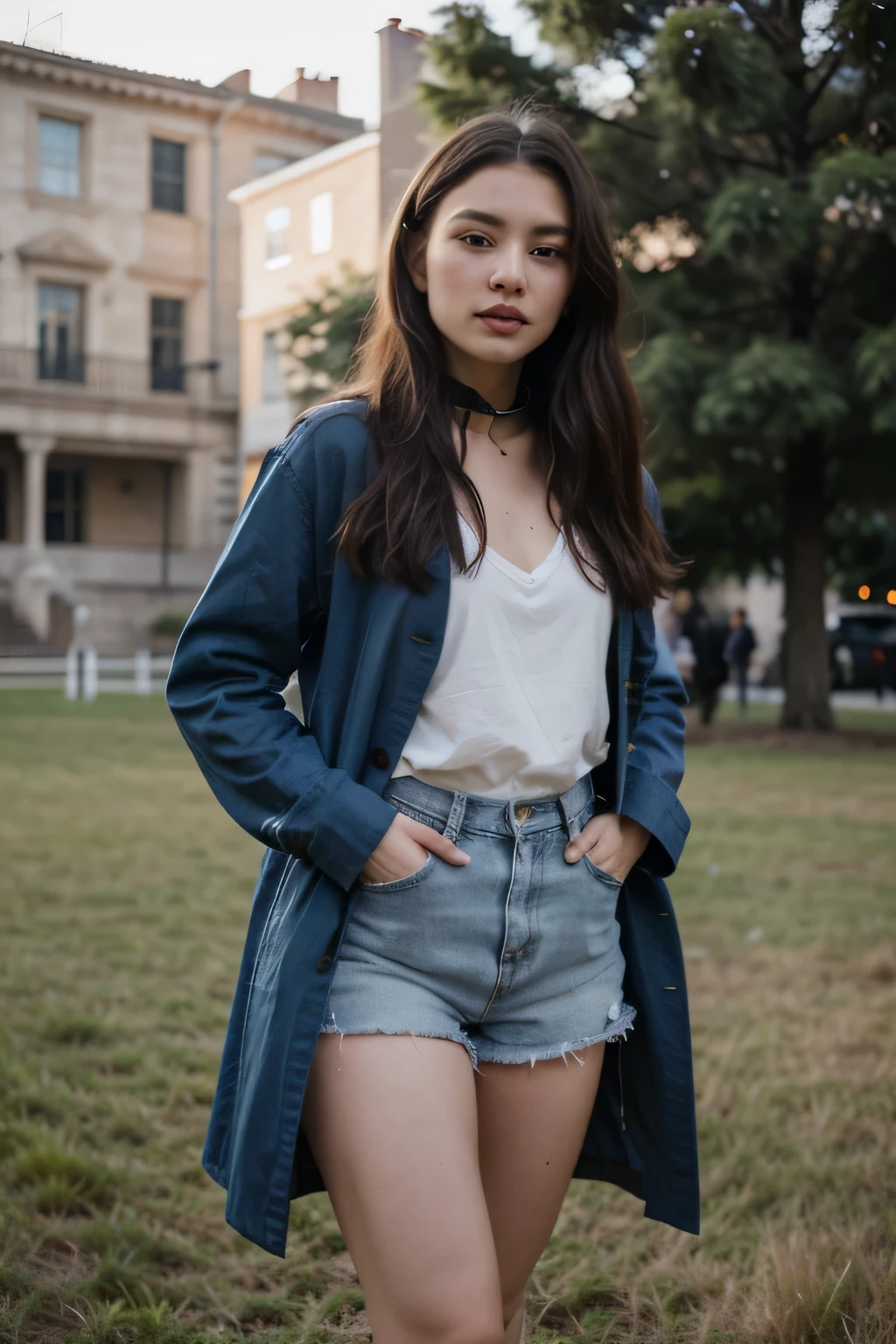 22-year-old woman,Oval face,Delicate facial features,Oval face,Black long hair,Fair skin,Detailed background,Rich details,panoramic,masterpiece,Movie,Best picture quality,Ambient light,Wearing a blue short coat with a collar,The bottom is denim shorts,Her fair skin,Good figure,The whole person looks both casual and sexy。She stood on the blooming grassland holding her horse's hand。Background blue sky and white clouds,It forms a beautiful grassland landscape painting。