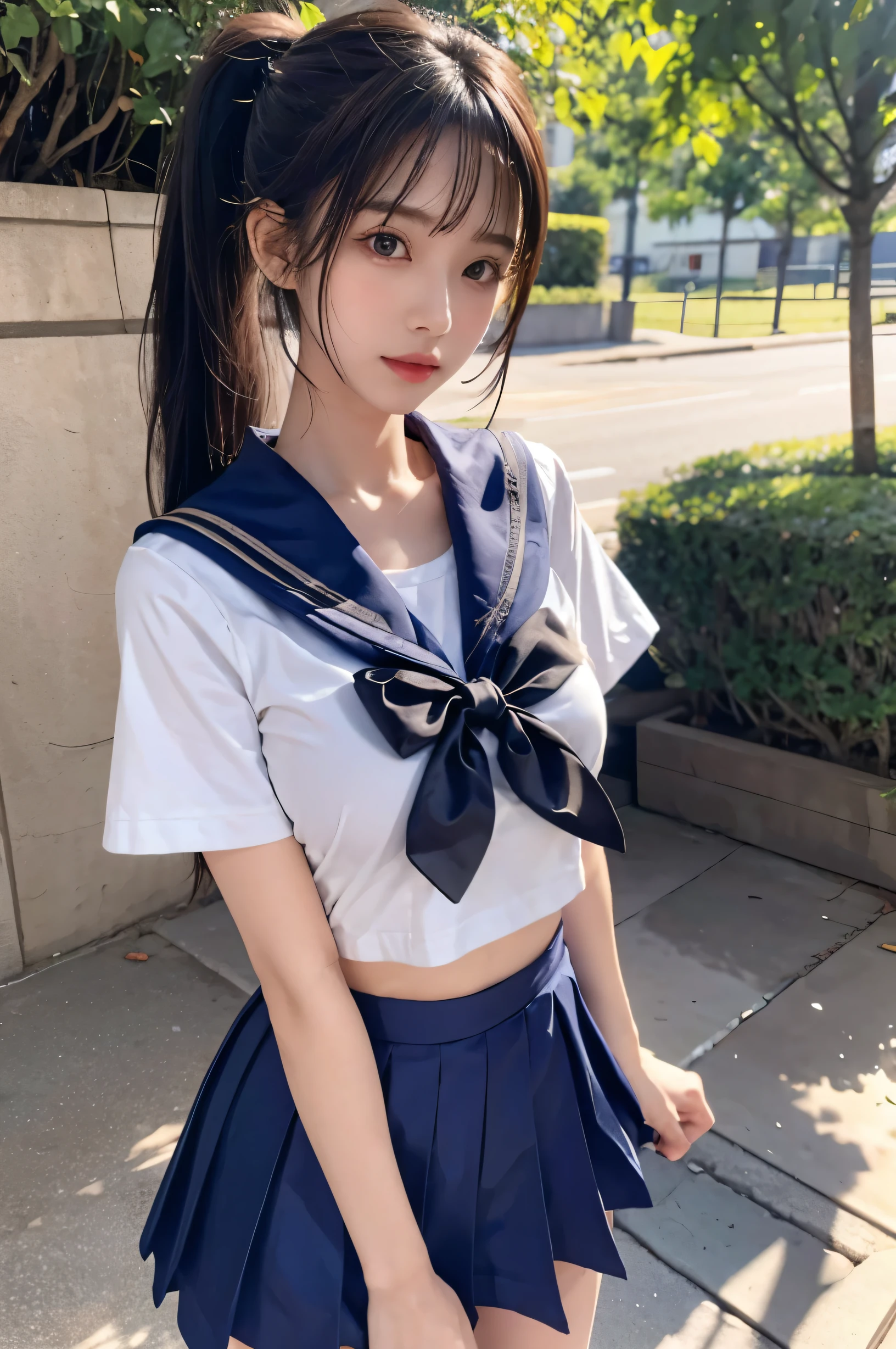 (Ultra HD), (Short-sleeved sailor uniform, Navy blue short skirt), Big Breasts, slender, Narrow waist, (The belly button is visible:0.8), (Panties are visible:0.6), whole body, Standing posture, (Clean and shiny skin, Whitening, No makeup), (Super slim face, Super beautiful face), (ponytail, Layered Cut, Fluffy hair), (double eyelid, Super slanted eyes), Small Nose, Thin lips, Thin legs, In front of the school gate
