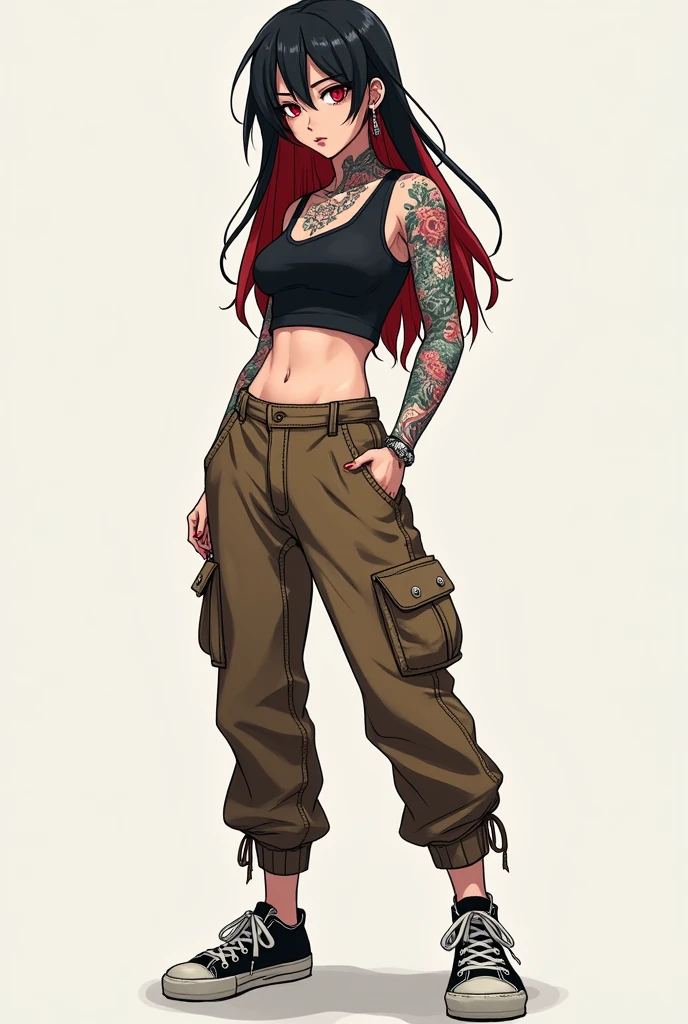 name: Haruka Nakamura Age: 18 years
Appearance:Height: approximately 1,78 mCabelo: far away, black to the back, with a red streakEyes: Intense and redClothes: Brown cargo pants, cropped preto, worn out sneakersAccessories: Language Piercing, aretes, dragon tattoos on neck and back, flower tattoo on waist.