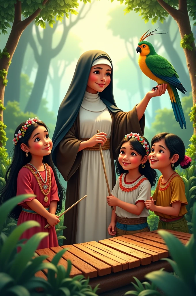Guatemalan children with the flower nun Blanca, the quetzal, the marimba