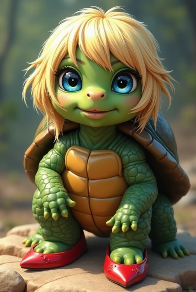 A turtle with blonde hair, bright blue oriental eyes, and red high heels