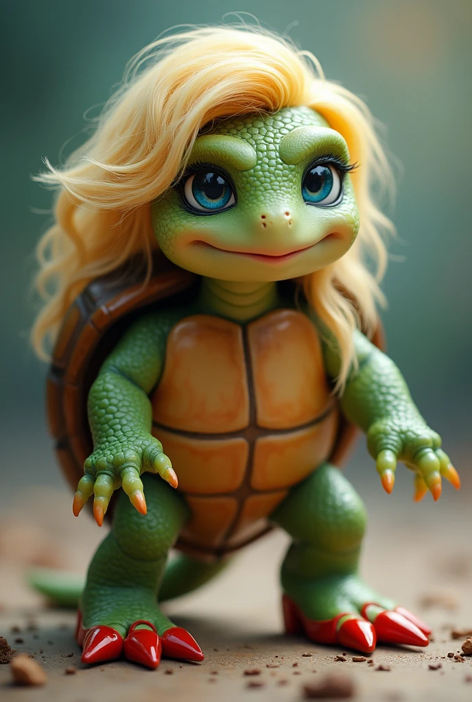 A turtle with blonde hair, bright blue oriental eyes, and red high heels
