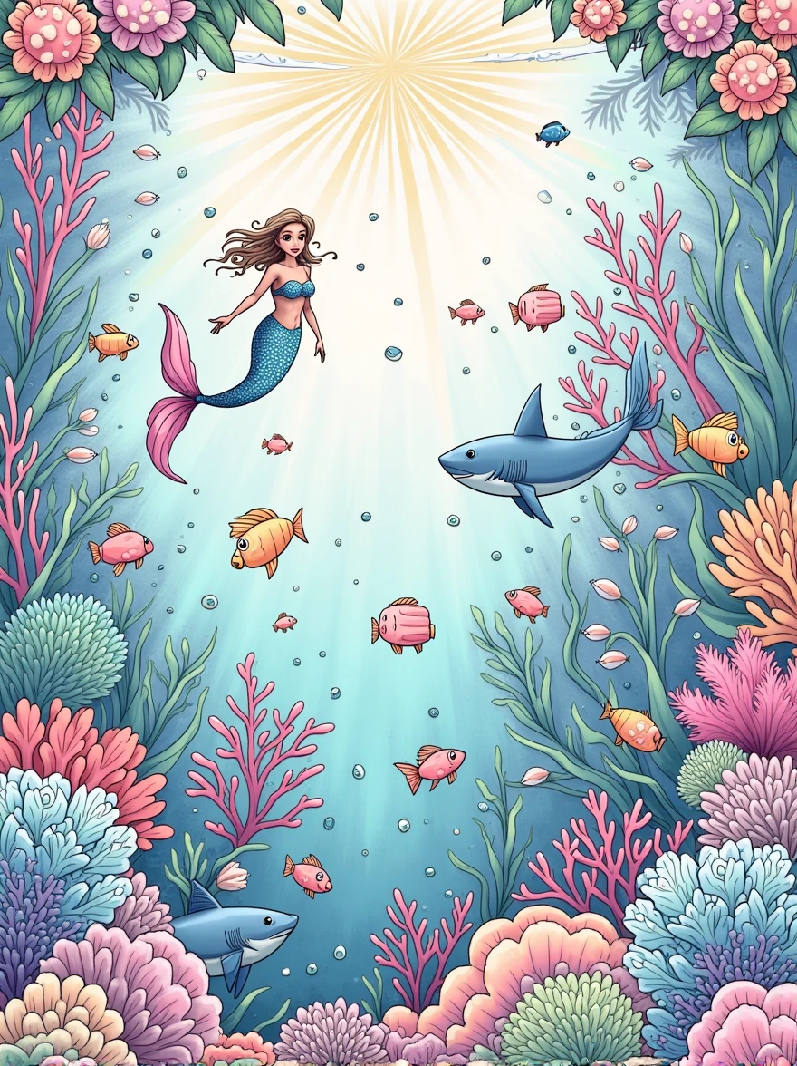 Line drawings of an underwater world with fish, coral reefs, sharks, octopuses, and mermaids. The underwater environment should be vibrant and full of life, with plenty of details for kids to color