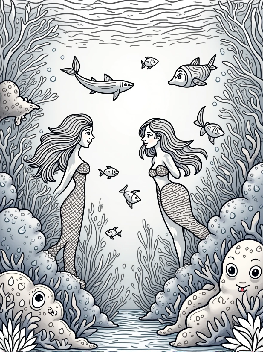 Line drawings of an underwater world with fish, coral reefs, sharks, octopuses, and mermaids. The underwater environment should be vibrant and full of life, with plenty of details for kids to color